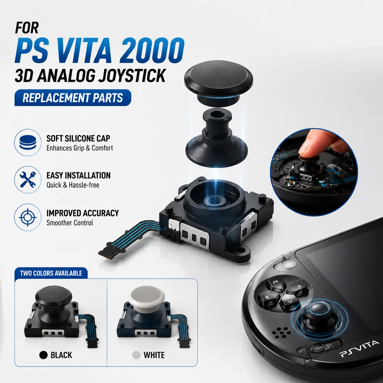 For PS Vita 2000 Analog Stick Replacement Kit Precision 3D Joystick With Rubber Grip Cap For Left Right Controller Quick Install