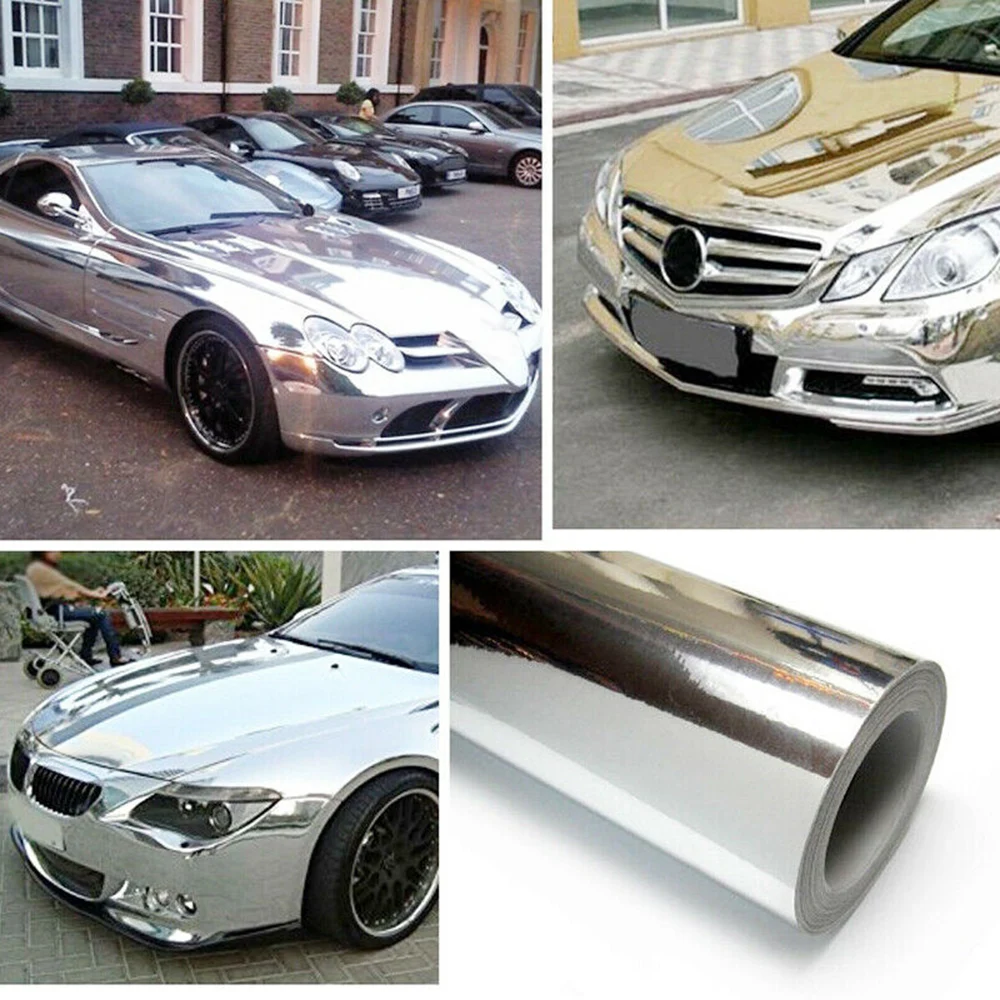 Argento cromato adesivo per auto specchio vinile avvolgere pellicola decalcomania impermeabile colore lucido auto moto pellicole adesivi 30*152cm