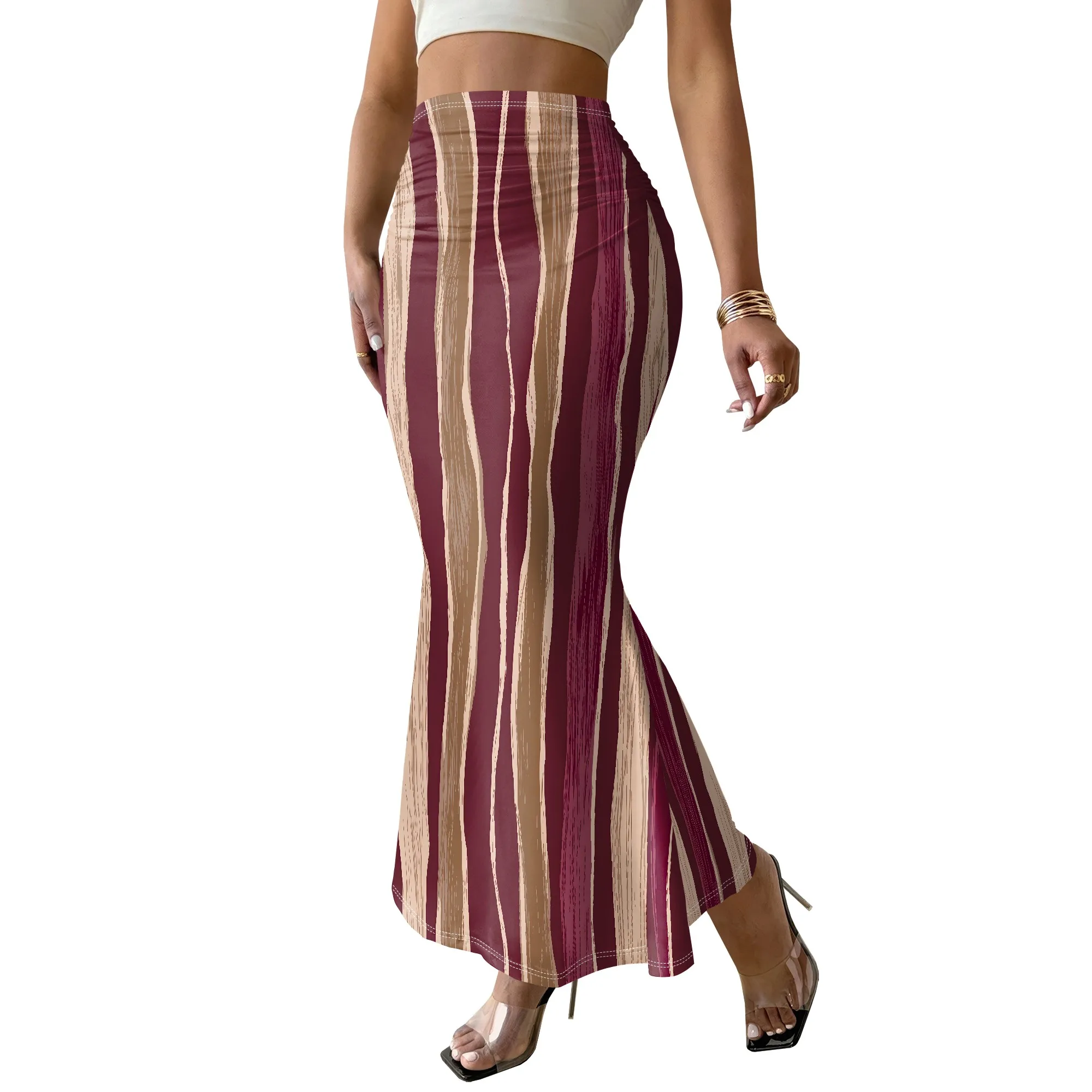 Striped Mermaid Skirt, Vintage Print Maxi Skirt, High Waist Ruched Skirt, Elegant Party Wear for Women, S-3XL