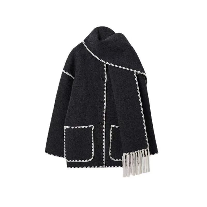 Tassel Scarf Collar Jacket For Woman Autumn Woolen Embroidery Single Breasted Pocket Coats Loose Casual Fashion Lady Office Coat