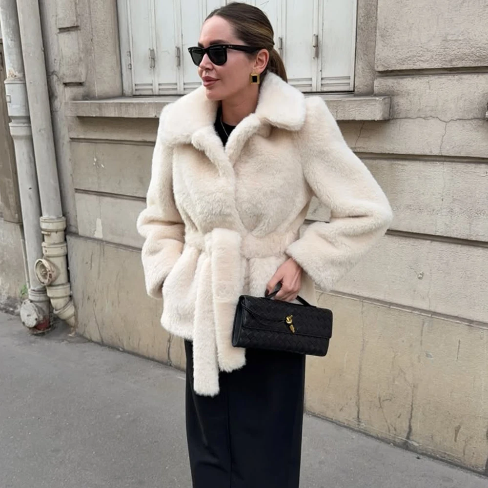 

Ticketsx Fashion Winter Faux Fur Coat Women Lapel Patchwork Belt Loose Warm Jackets Casual Commuter High Street Female Outerwear