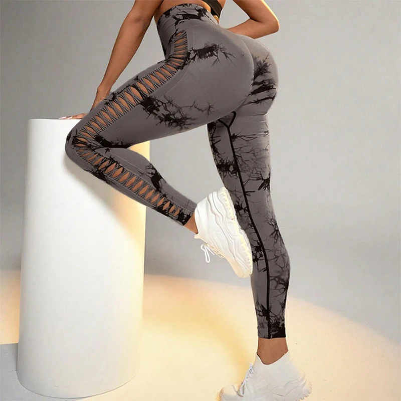 Fashion Tie-Dye Yoga Leggings Women Sexy Hollow Out Running Sports Leggings Woman High Waist Tight Gym Workout Clothes Ladies