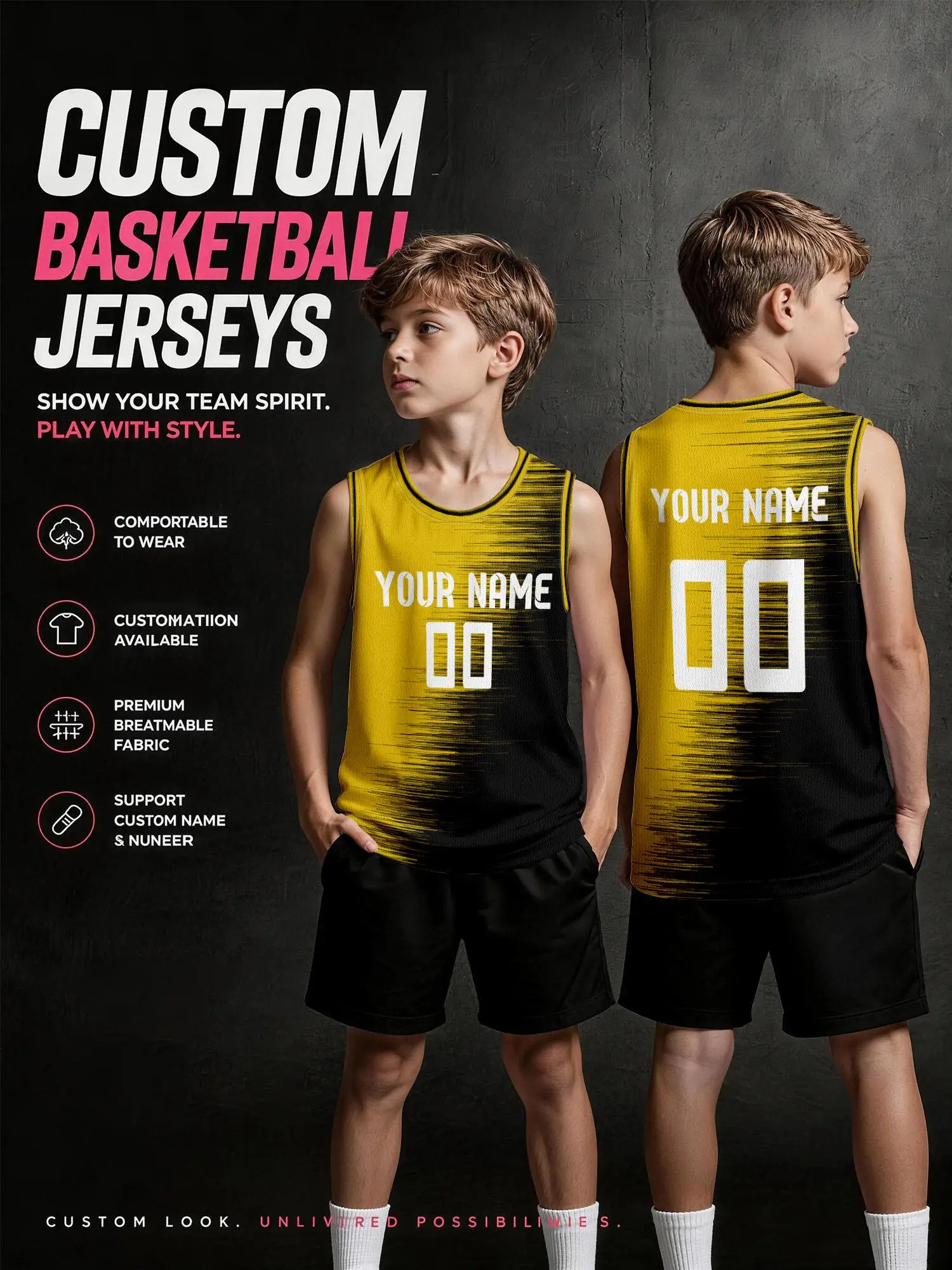 Yellow‑black Gradient Brush‑stroke Custom Basketball Jersey, Fashion Breathable Mesh Tank Top With Custom Name‑print