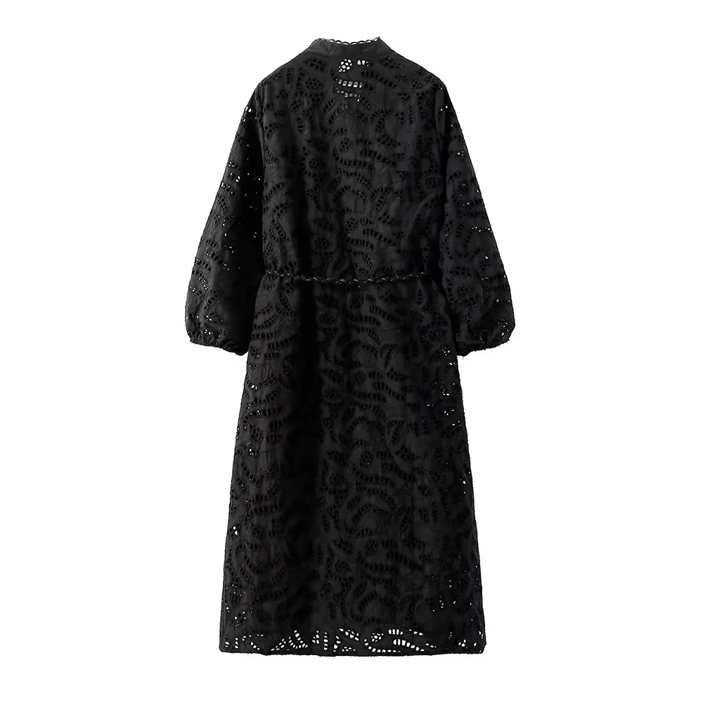 Maxdutti French Country Moroccan Retro Dress Women Embroidery Hollow V Neck Cotton Dress Fashion Elegant Black Casual