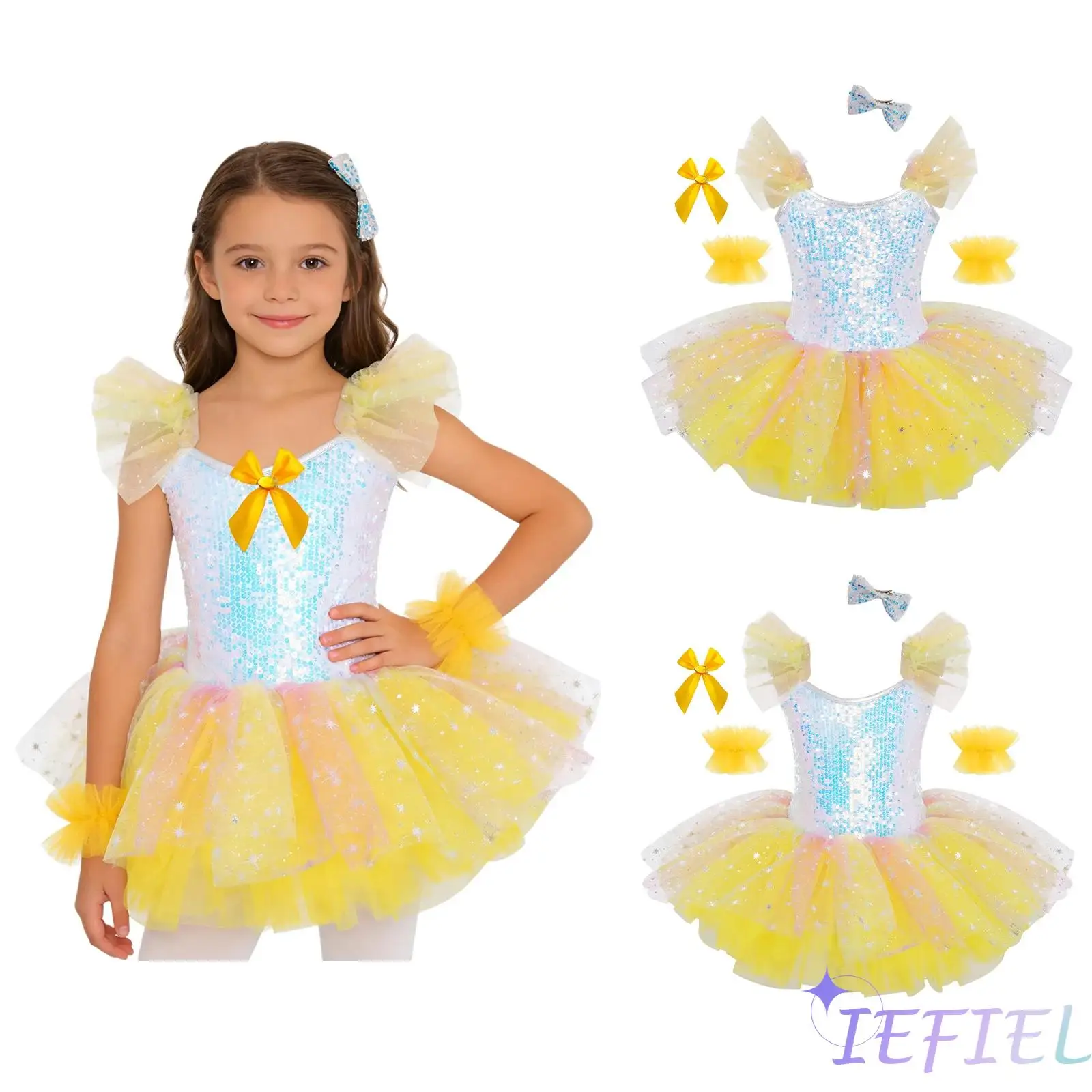 

Child Ballet Dance Clothes Girls Ruffled Sleeves Sparkling Sequins Bodice Layered Tulle Tutu Dress+Headwear Cuffs+Bow Brooch Set