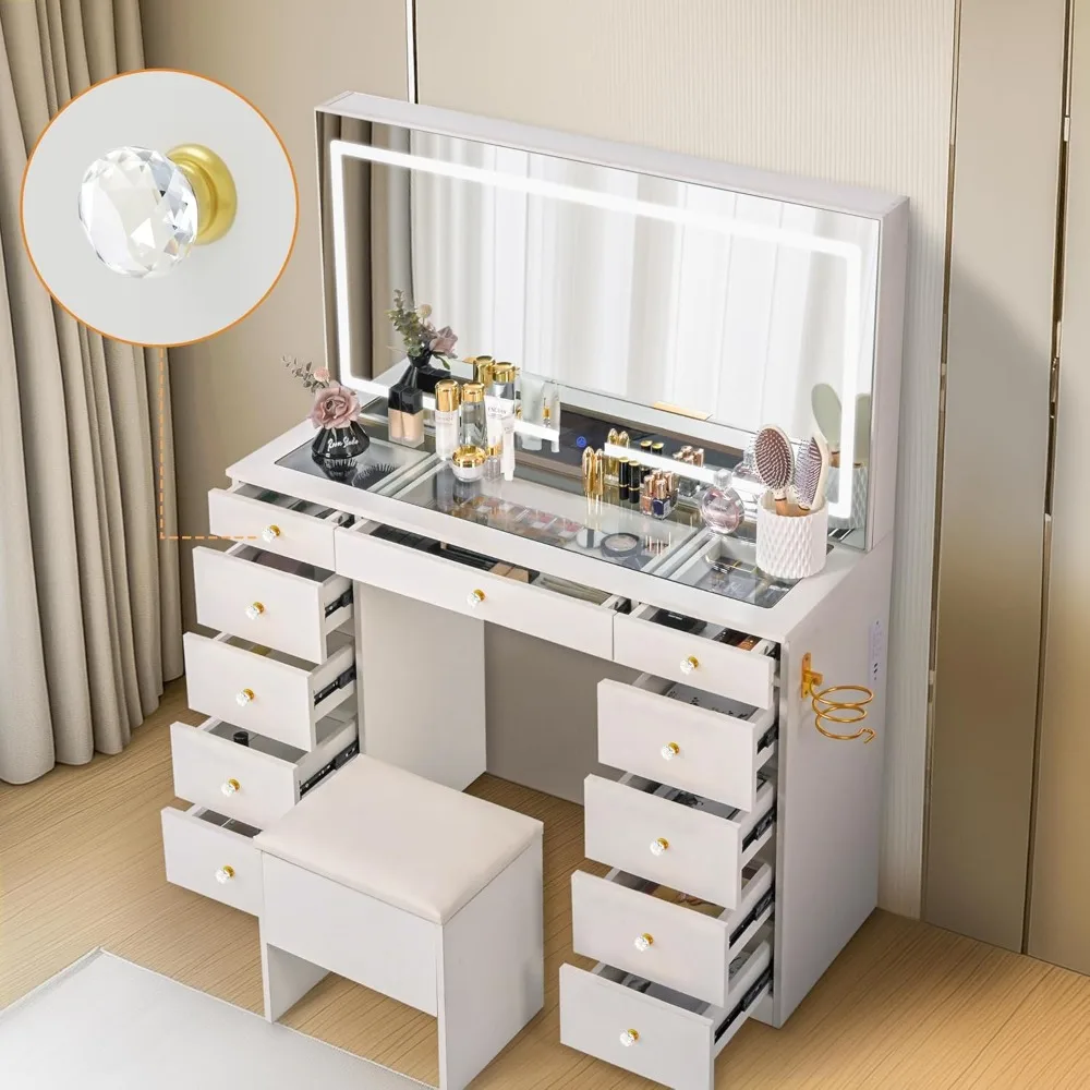 

Glass Top Vanity Desk with Crystal Handles, 11 Drawers Makeup Vanity with Mirror and Stool, 3 Lighting Modes Dressing Table, Po