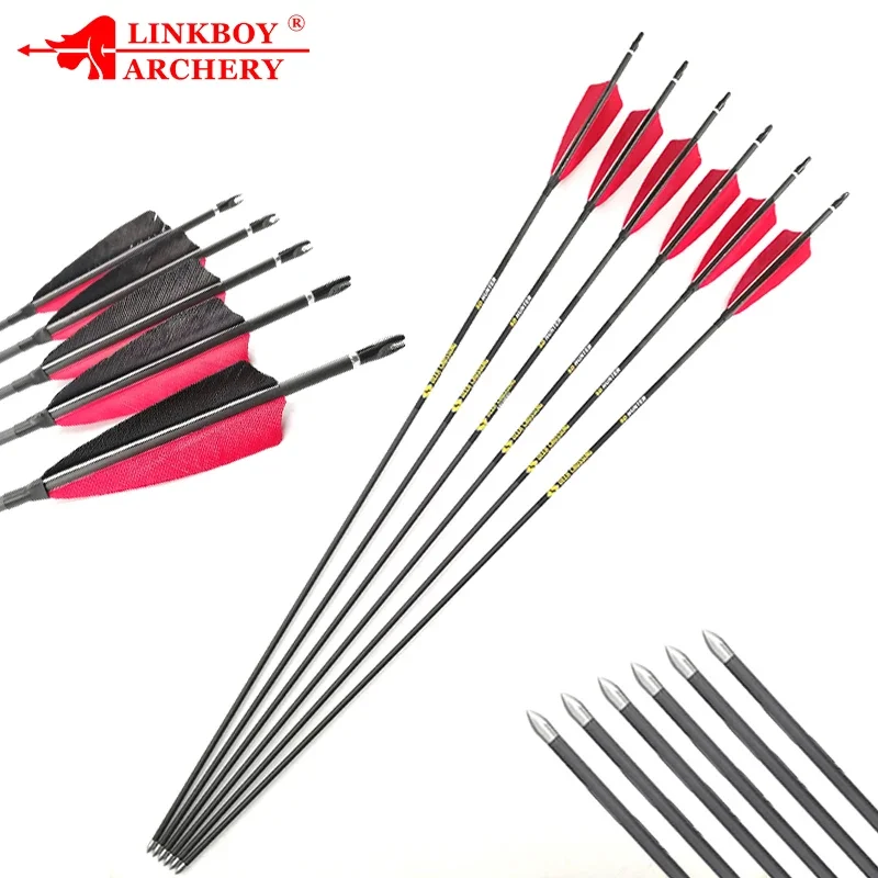 Archery 100% Pure Carbon Arrows ID4.2mm spine600~900 30'' 3inch Turkey Feather Points for Recurve Bow Shooting 6PCS