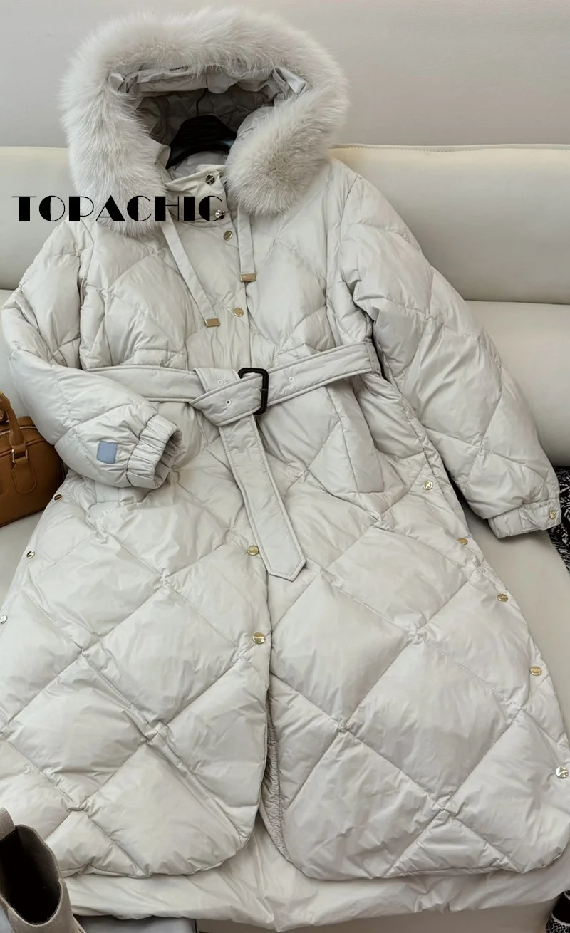 8.28 TOPACHIC-abbigliamento donna collo con cappuccio in pelliccia di volpe Argyle Plaid Maxi Down capispalla telai Slim Goose Down Keep Warm Coat