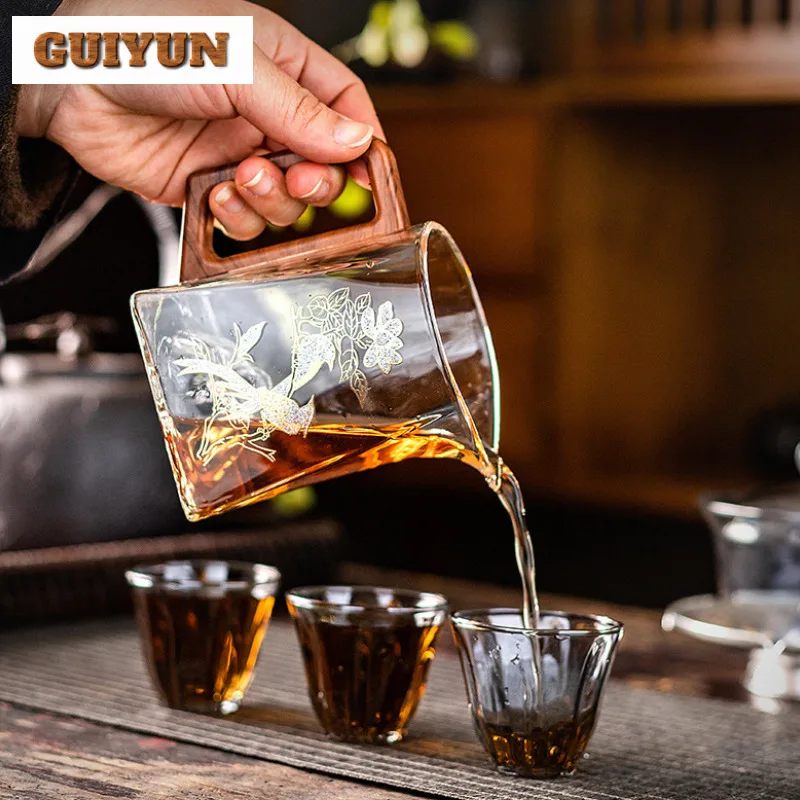 High End Flower And Bird Glass Fair Cup With Handle Heat Resistant Tea Dispenser Tea Brewing Kettle Tea Pitcher Teaset Drinkware