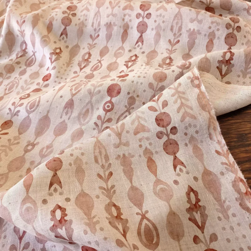 Beige Orange Printed Pure Linen Fabric for Handmade DIY Clothing Sewing Eco-Friendly Home Decor Fabric