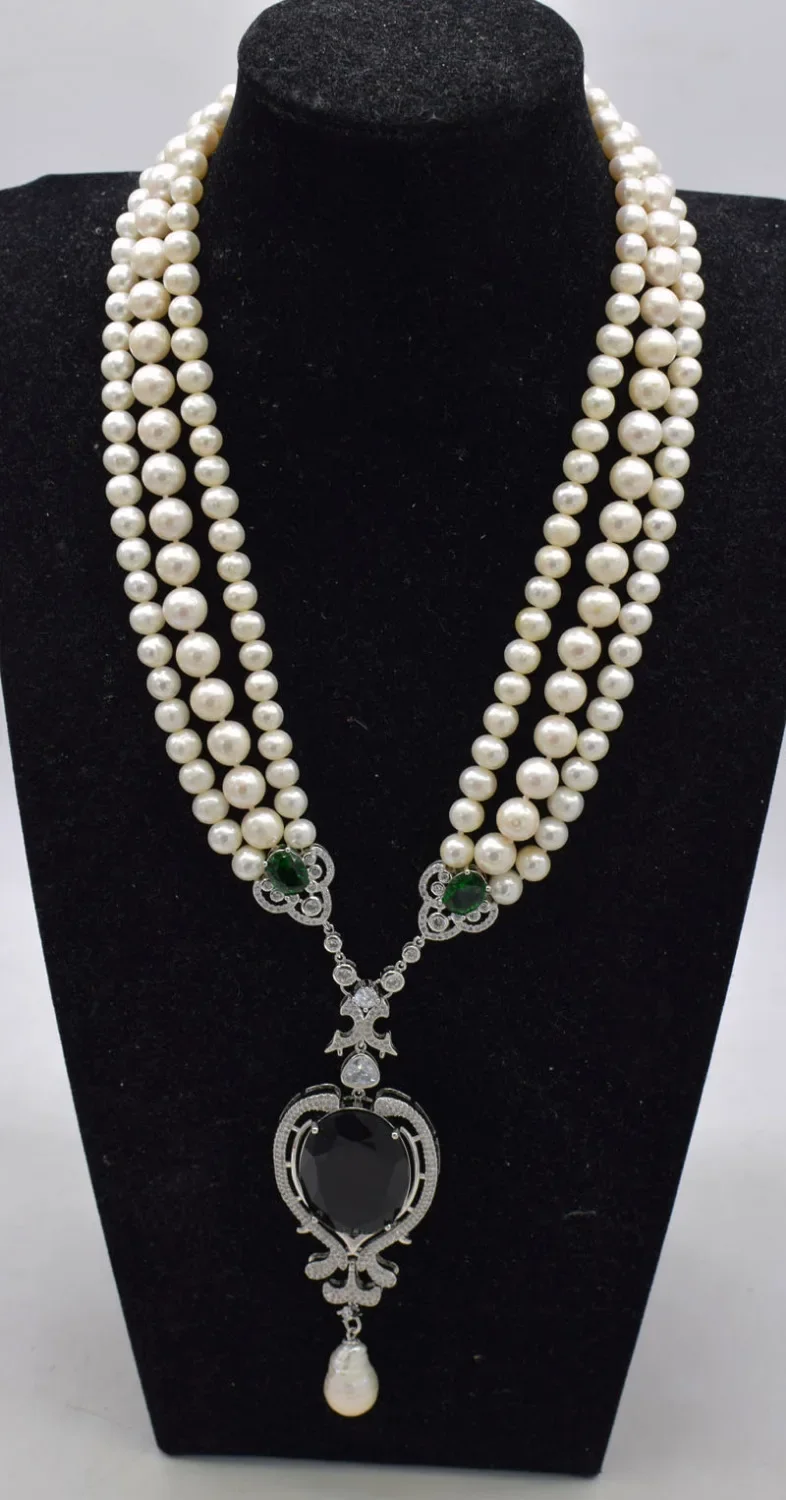 

3rows freshwater pearl near round 7-10mm +green zircon pendant necklace 19inch wholesale beads nature