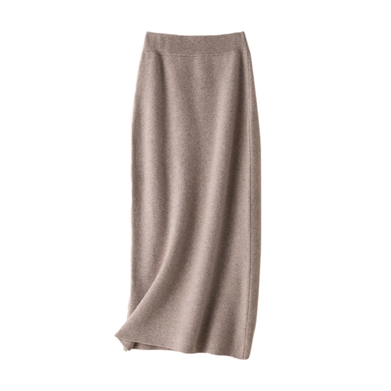 100% pure wool skirt new women\'s autumn and winter mid-length high-waisted thin cashmere skirt knitted all-match hip skirt