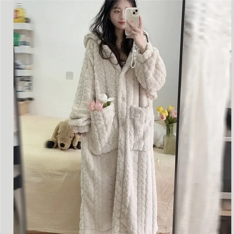 Autumn Winter Long Nightgown Women 2024 New Fashion Loose Casual CORAL FLEECE Housecoat Hooded Pure Colour Outerwear Female