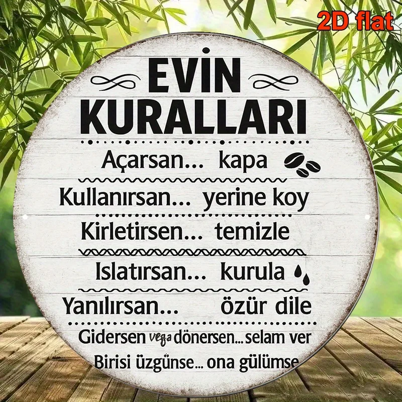 HD Tin Sign, Evin Kurallari Turkish House Rules Round Metal Wall Art, Vintage Home Decor