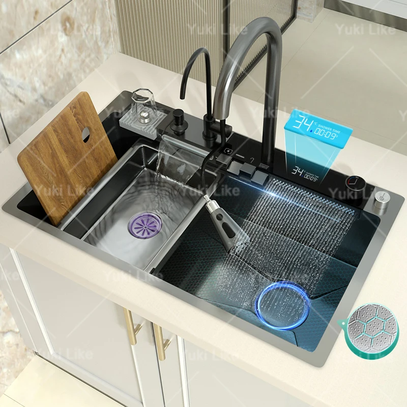 

Кухонная мойка с водопадом из нержавеющей стали, золотистая, большая многофункциональная раковина с одним слотом, цифровой дисплей