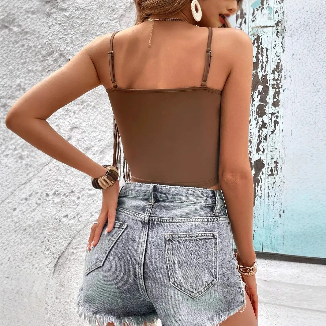 Women Summer Camisole Fringe Crop Slim Fit Vest Boho Style Brown Fringe Double Strap Tank Neck Sheer Mesh Sleeveless Top