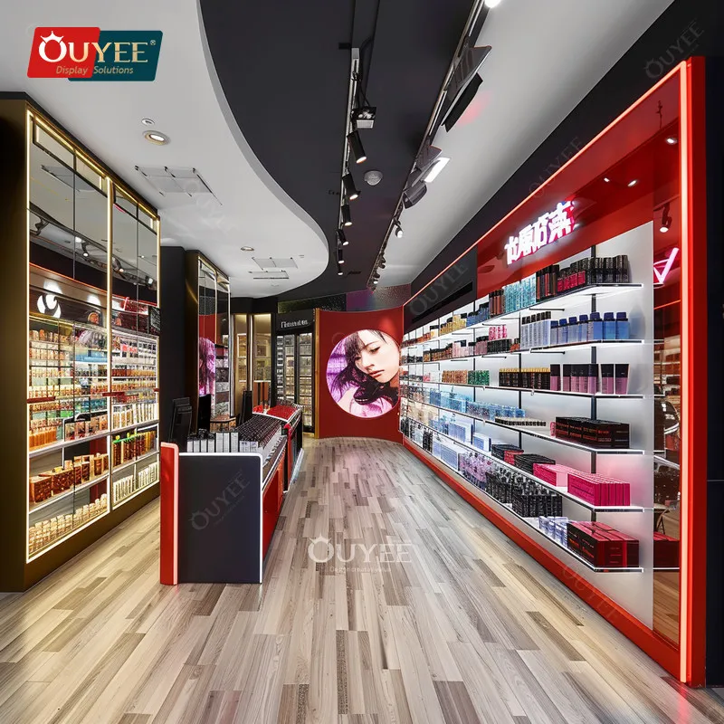 Op Maat Gemaakte Glazen Cosmetische Teller Ontwerp Winkel Rek Parfum Display Bar Haarverlenging Pruik Winkel Display Meubels Sh