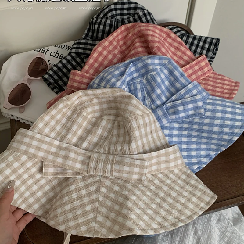 Vintage Pink Plaid Strap Bucket Hat Spring and Summer Korean Ins Fashionable Versatile Big Brim Sun Protection Bow Women's Caps view 6
