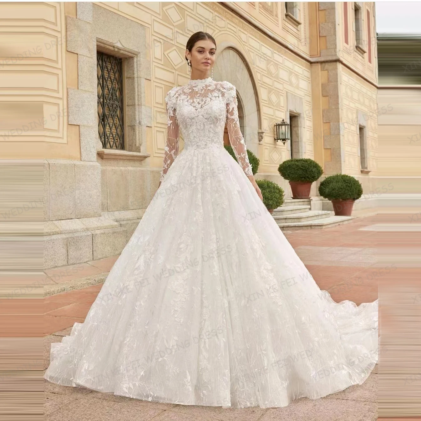 

2024 Luxury Appliques Wedding Dresses Women's Sexy A-Line Long Sleeve Lace Tulle Bridal Gowns Sweep Train Party Vestido De Novia