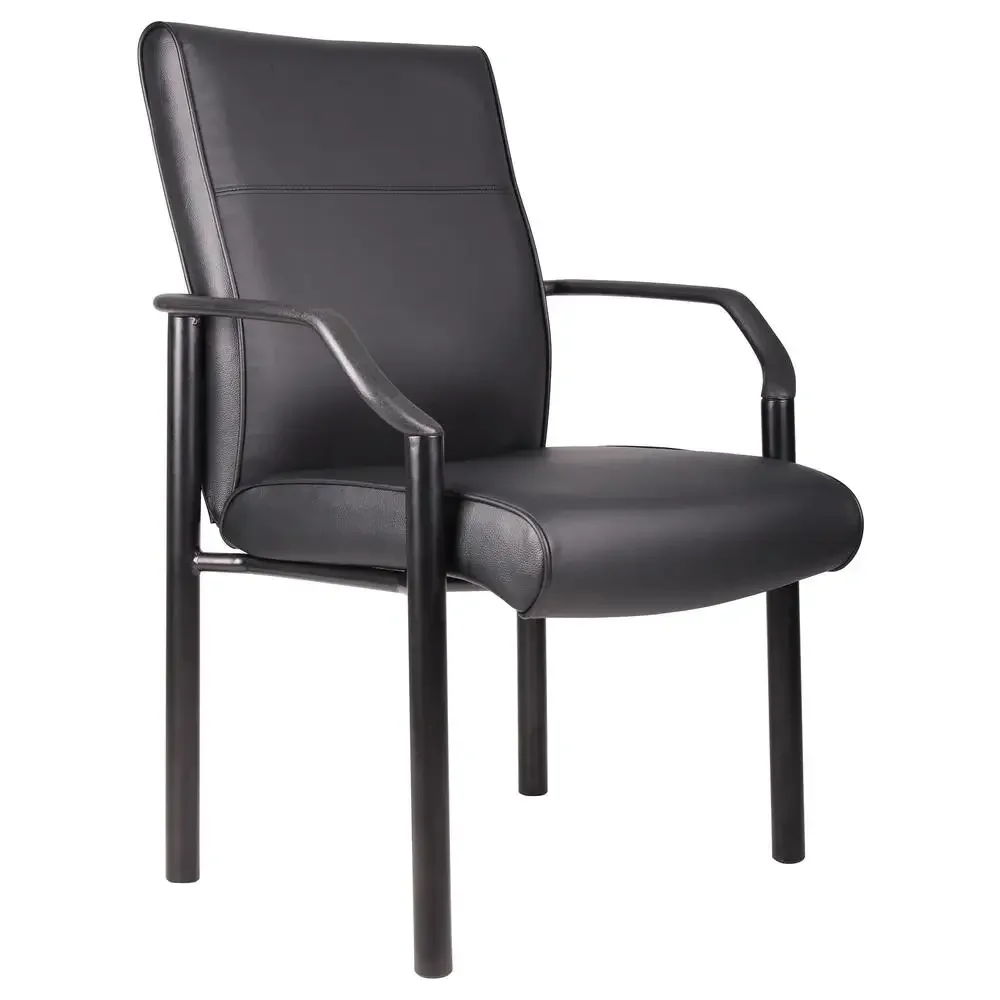 Black Leather Guest Chair with Lumbar Support Fixed Arms Adjustable Glides MAS Certified Comfortable Seating Wood Frame 19