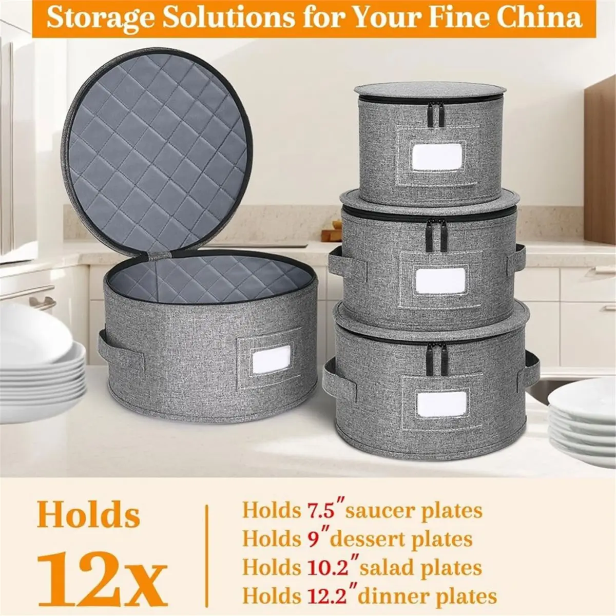 China Storage Containers,Dish Storage W/Hard Shell Top Side Bottom Support & Felt Dividers for Charger Plates Dinnerware