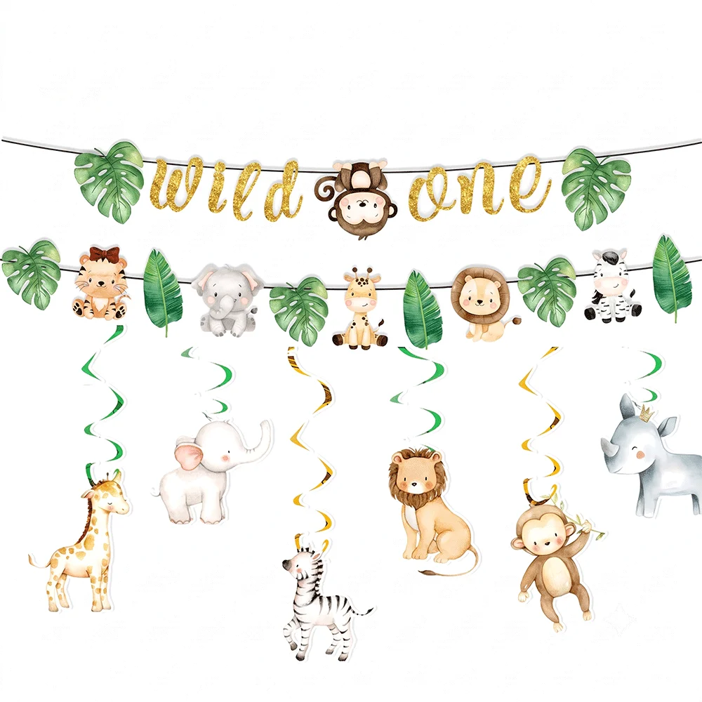Image of Wild One Dschungel-Safari-Geburtstagsparty-Deko-Set mit Tierbanner und Wirbeldekor für Dschungel-Safari-Geburtstag, Wald-Boho-Babyparty