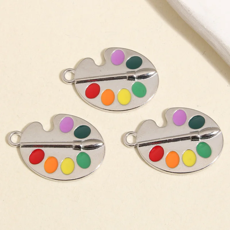 10pcs Silver Color 25x18mm Funny Enamel Palette Charms Painting Pendant Fit DIY Earrings Jewelry Making Handcrafted Accessories