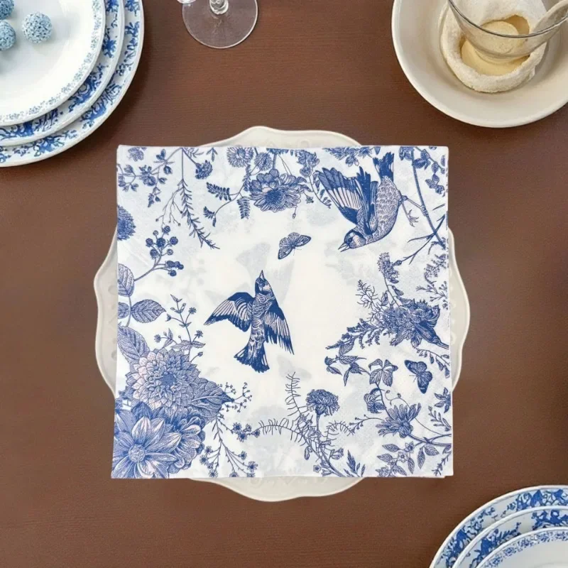 20pcs 33cm 2Layer Chinese Style Blue Flower and Bird Print Party Tissue Decoration Colored Paper Placemat DIY Decoupage Paper