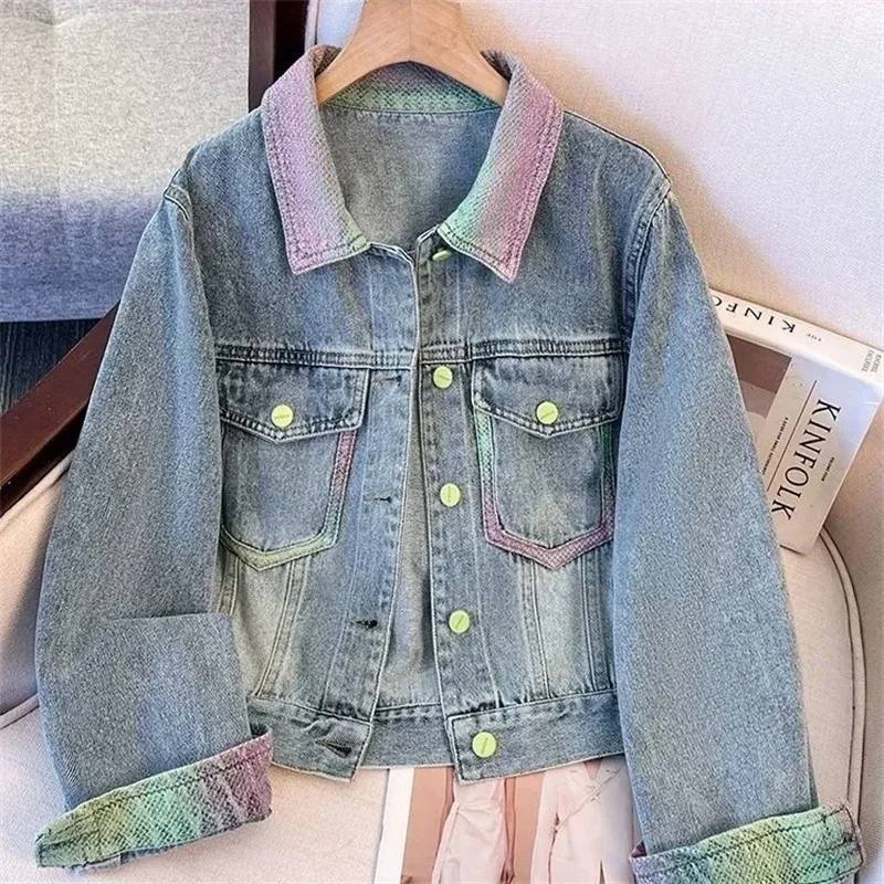 Color Blocked Denim Jacket Women's Autumn Coat 2025 New Fashion Casual Short Cowboy Jackets Top Ladies Denim Overcoat