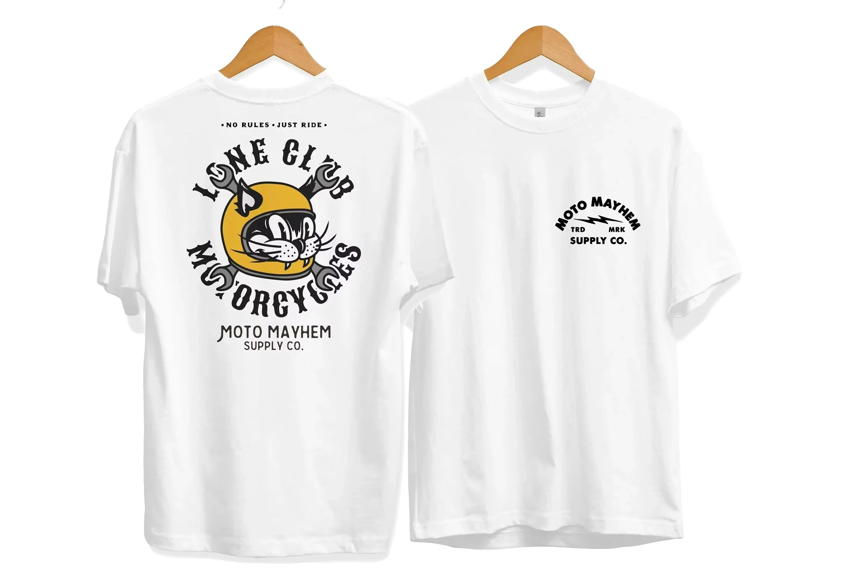 Retro Biker Cartoon Cat Helmet Print T‑Shirt Wrench Slogan Graphic Unisex White Oversized Tee