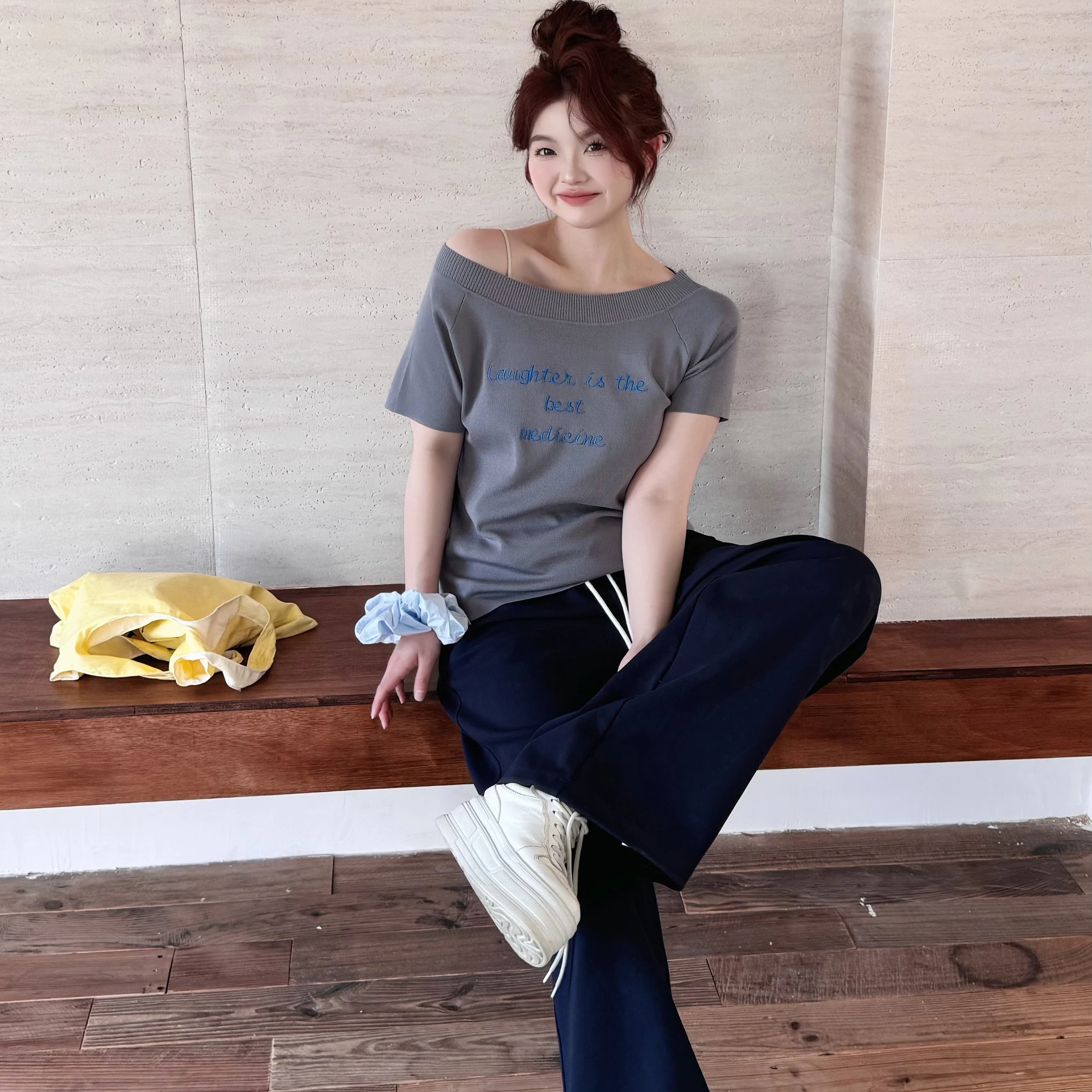 

High Waist Straight Leg Pants Full Elastic Lace Splice Wearable to Patina JINGU een Label Casual Pants for Women