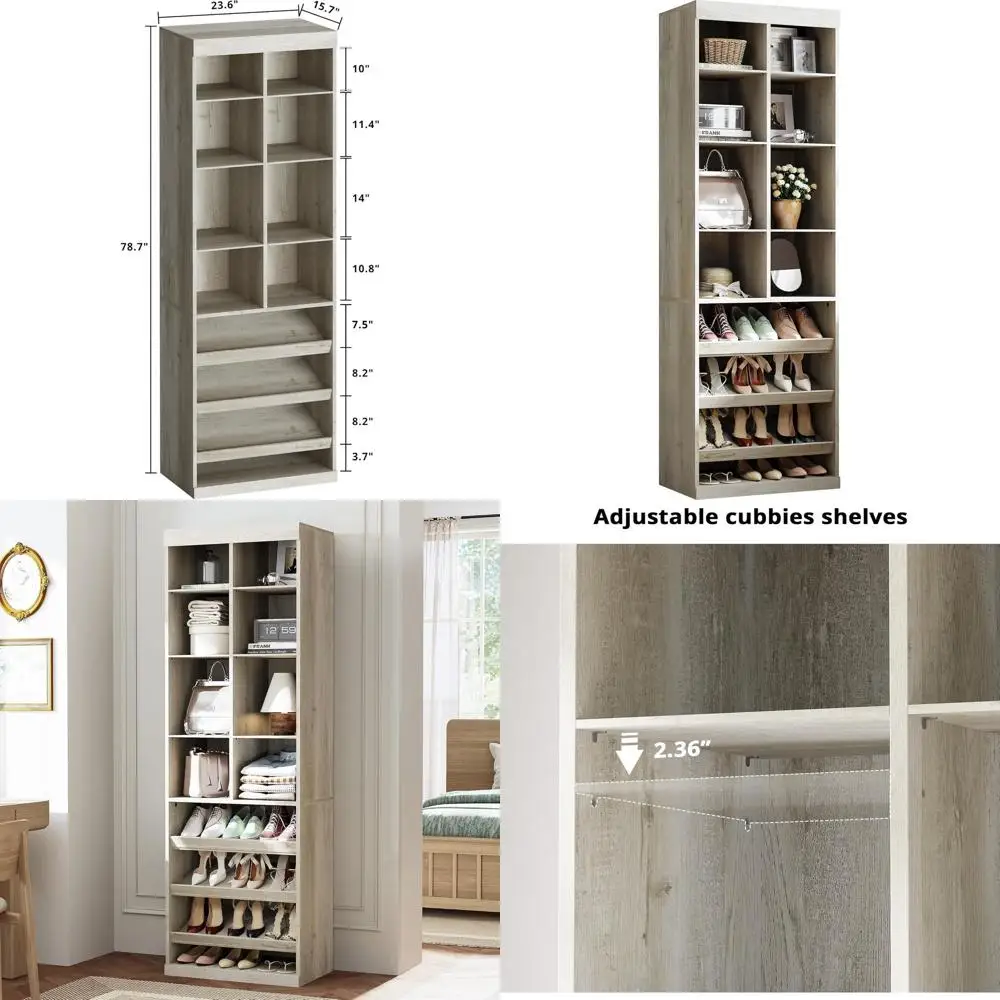 

Узкий шкаф для обуви с полками и отсеками для гардеробной, спальни, прихожей и грязезащитной зоны, отделка под клен в деревенском стиле