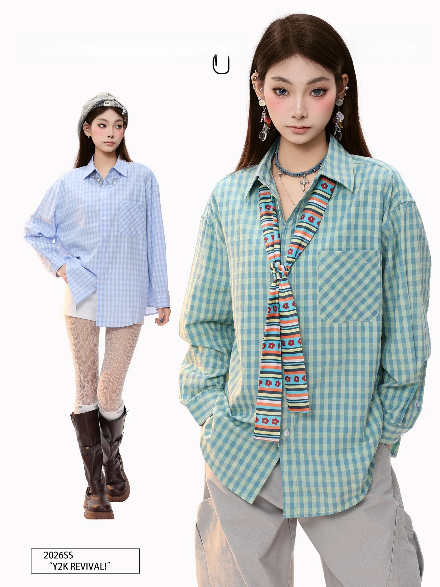 

PBB American Retro een Plaid Long Sve irt Women Commute Faionable Youthful Spring 2026 Top Coat Casual Loose Fit