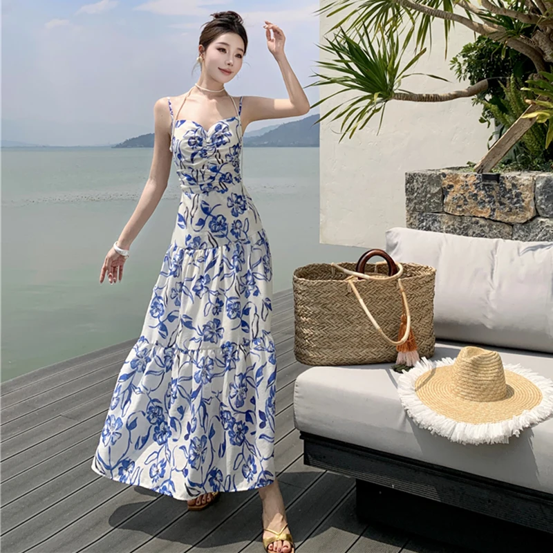 Prom Women Vacation Summer Sleeveless Dress Celadon Print Graceful Socialite Luxury Dresses Roman Holiday Long Dress 2024 New