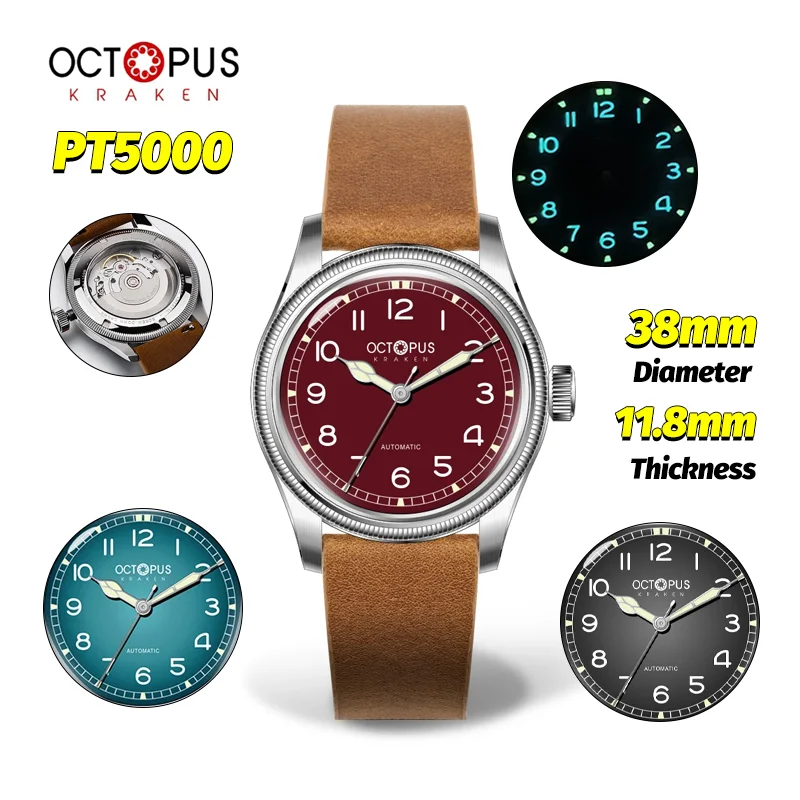 Octopus Kraken Dive Watch 38Mm Pilots Watch PT5000 Automatic Mechanical Watch Sapphire Luminous Waterproof Steel Vintage Watches