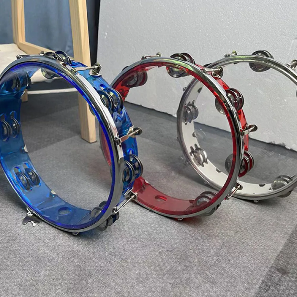 Transparent Percussion Tambourine 10 Inch Handheld Drum Adjustable Double Row Jingles Kids Music Early Learning Toy