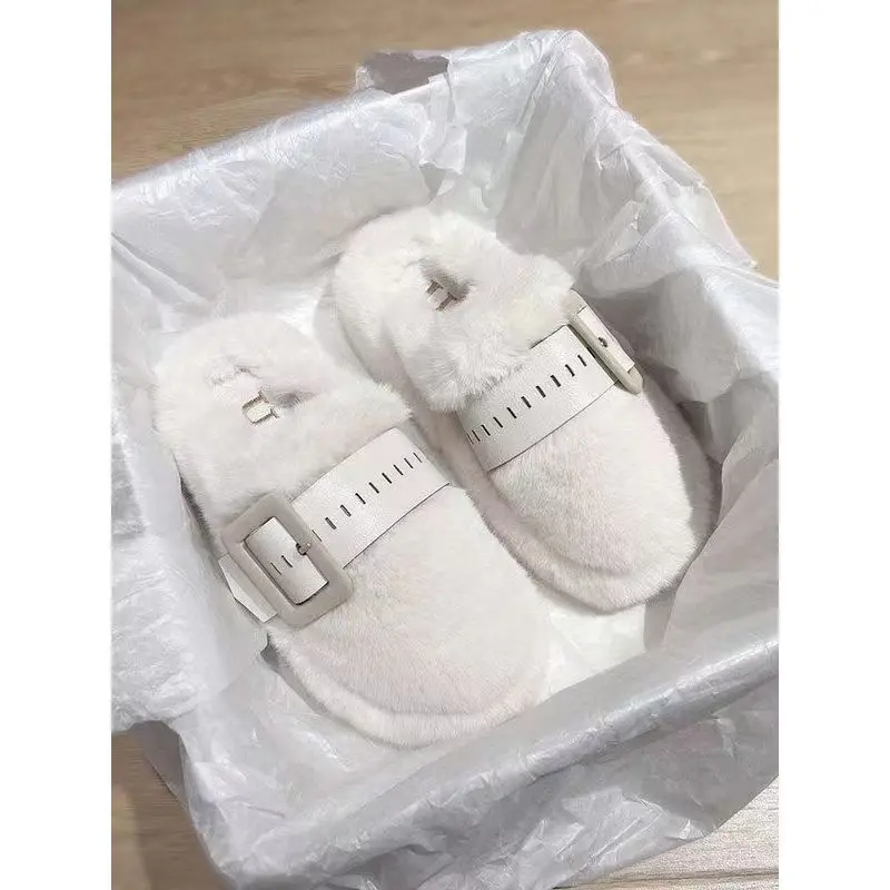 Thick-soled Mao Mao slippers women wear 2024 new autumn and winter super fire high sense home Baotou semi-slippers cotton mop.