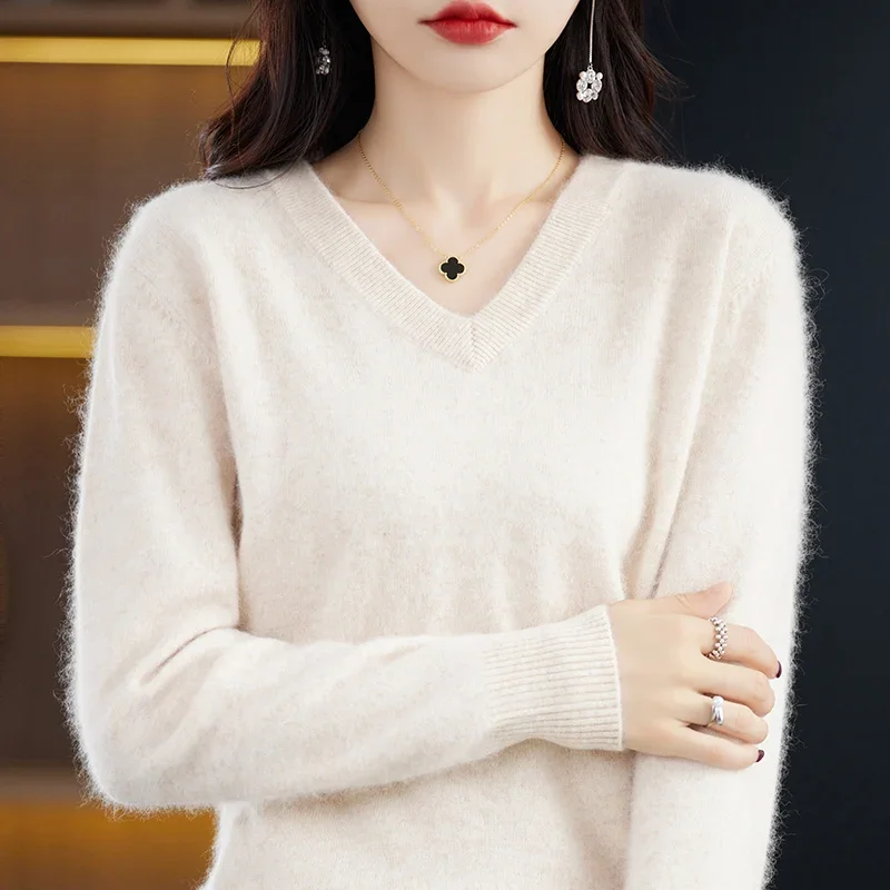 WinvyNee 2024 New Women Mink Cashmere Sweater V Neck Warm Solid Casual Pullover Soft Outerwears Plus Size Tops Autumn A1248017