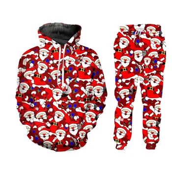 Nowy rok moda bożonarodzeniowa męska bluza z kapturem zestaw spodni zabawna ulica Harajuku dres z nadrukiem 3D przyjęcie świąteczne
