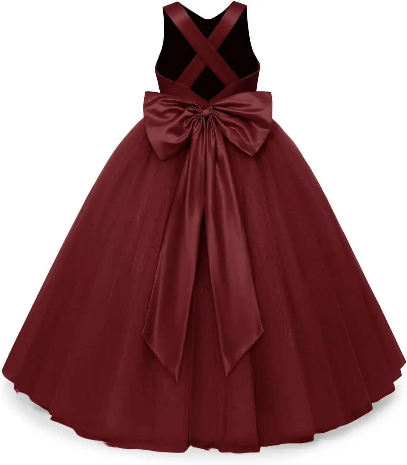 Blumenmädchenkleid mit gekreuzten Schulterträgern und großer Schleife auf der Rückseite, Party-Tanzkleid aus Satin-Chiffon für Mädchen, formelle Kleidung