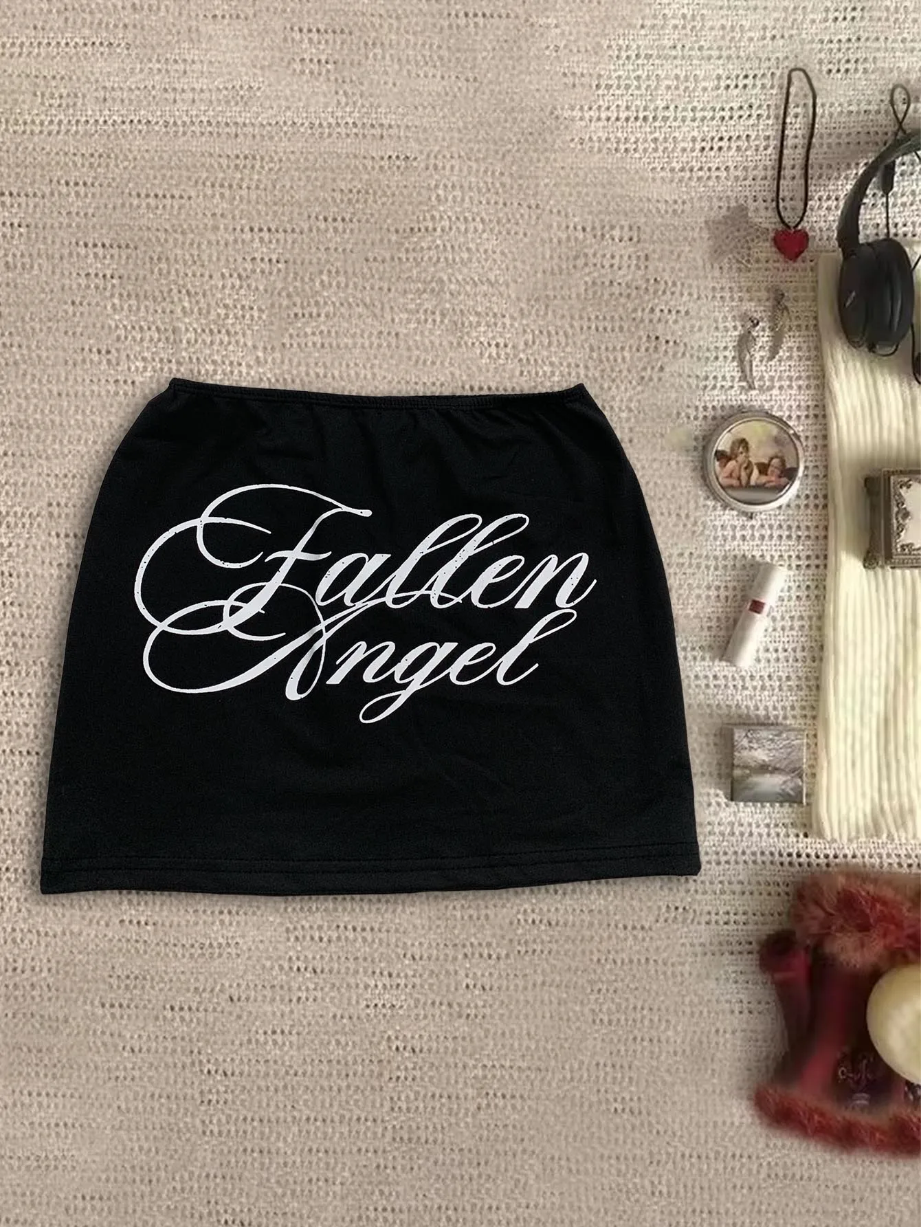 

Y2K Black Bodycon Mini Skirt Women Reversible Design With Angel Wings And Letter Print For Streetwear