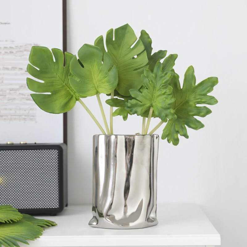3pcs/Lot Real Touch PU Palm Turtle Leaf Fake Plants Calla Lily Wedding Room Home Decor Table Vase Flower Arrangements Ornaments