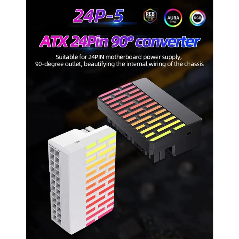 AEE7-ATX 24 pinos 90 °   Fêmea do Pin ARGB 24Pin do adaptador 5V 3 do conector de alimentação ao macho 90 °   Adaptador de alimentação DIY para PC de desktops