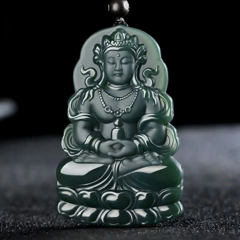 

Natural Hetian Cyan Jade Carving Tara Guanyin Black Green Pendant Jadeite Charm Necklace Exquisite Jewelry Men Women with Chain