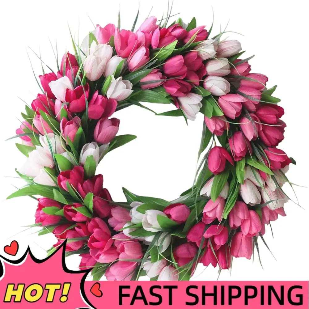 

15,7-дюймовый венок-тюльпан, искусственный весенний венок, цветочный венок на день матери с тюльпанами для праздника, снаружи, внутренняя оконная стена