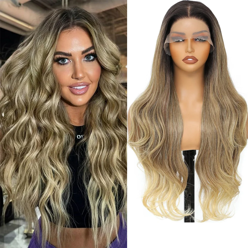 

Body Wave 13x4 Ombre Blonde Transparent Lace Front Wig Long Synthetic Hair Wig 180% Density High Temperature Fiber Cosplay Wig