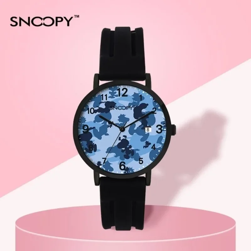 Snoopy Men's Korean Style Fashion Simple Cool Creative Cartoon Letter Pattern Camouflage Band Calendar Quartz Waterproof Watch