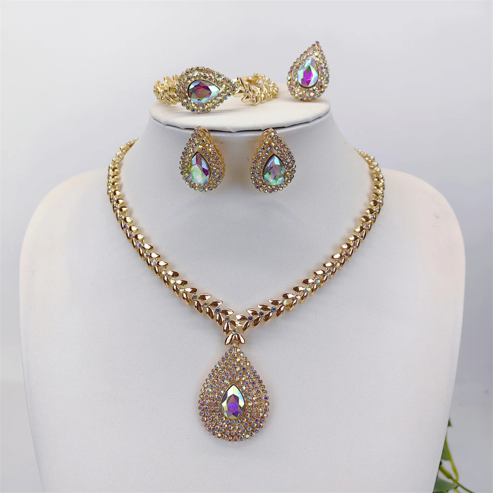 ESALE Dubai Water droplets Shape Pendant Jewelry Set For Women Luxury Necklace Earring Bangle Ring Set For Party Gift Jewelry