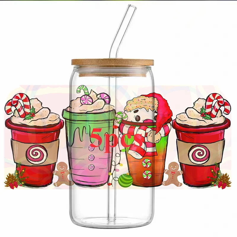 5pcs UV DTF Transfer Sticker For 16oz Libbey Glass Cups Wrap Transfer Stickers Waterproof Bottle Adhesive Sticker