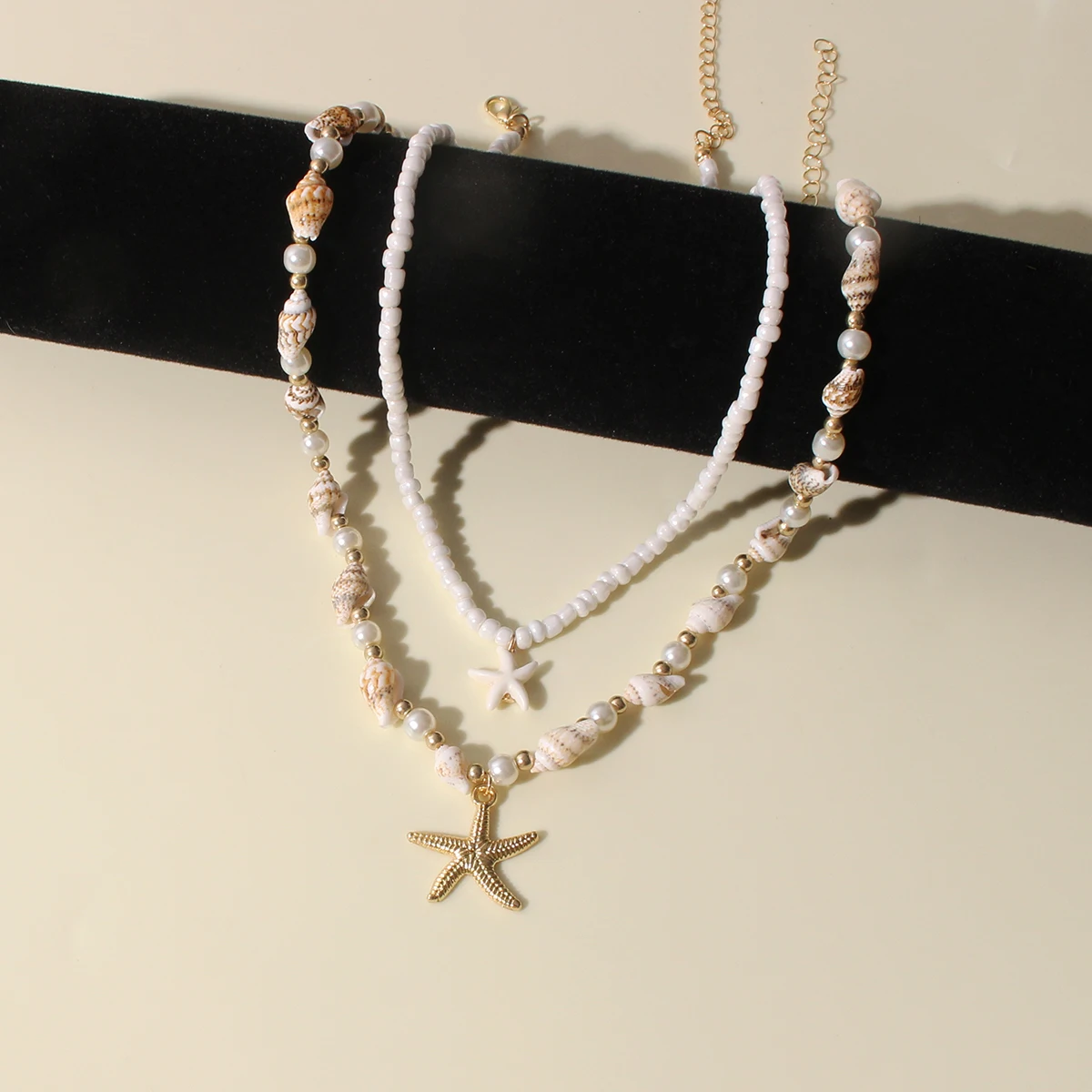 2PCS Bohemian-style beach resort style shell starfish rice bead necklace, creative starfish pendant collarbone chain image 2